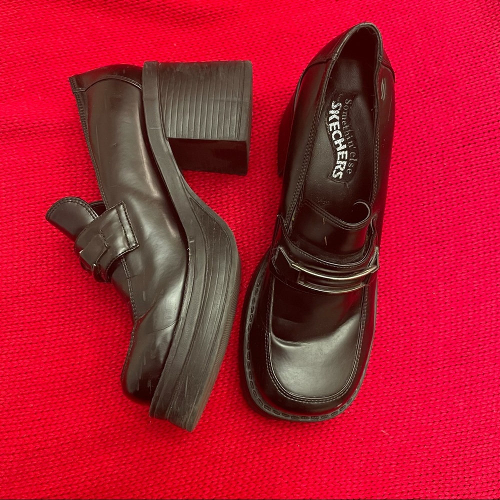 90s Grunge Chunky Heel Black Leather Vintage Sketchers Buckle Platform Loafers.